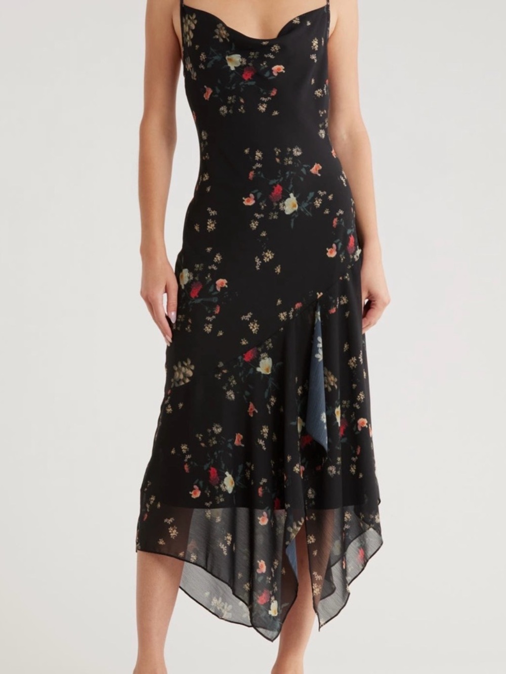 Nordstrom Black Floral Asymmetrical Slip Dress